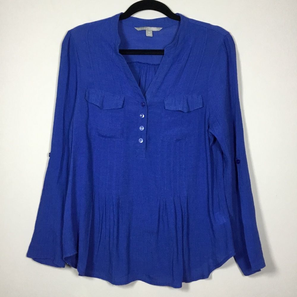 Western royal blue semi sheer long sleeve pleat front top size PXL